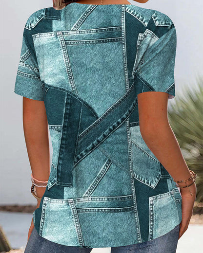 Vintage Denim Contrast Hollow Blouse