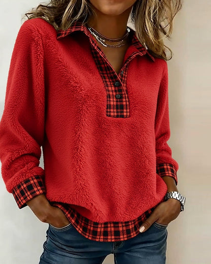 Plaid Collar Patchwork Solid Color Top