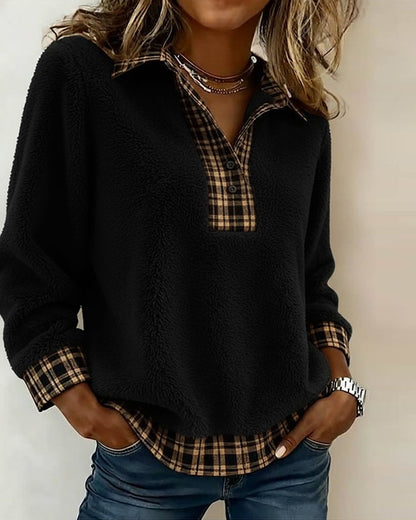 Plaid Collar Patchwork Solid Color Top
