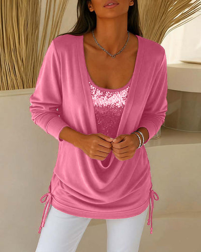 Sequin Contrast Color Faux Two-Piece Top
