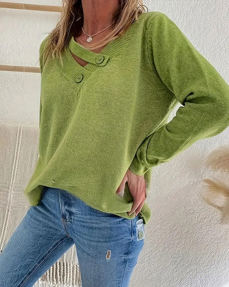V-Neck Button Solid Color Pullover