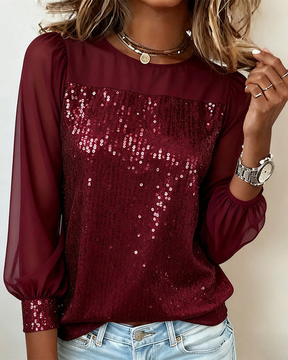 Sequin Paneled Round Neck Long Sleeve Top