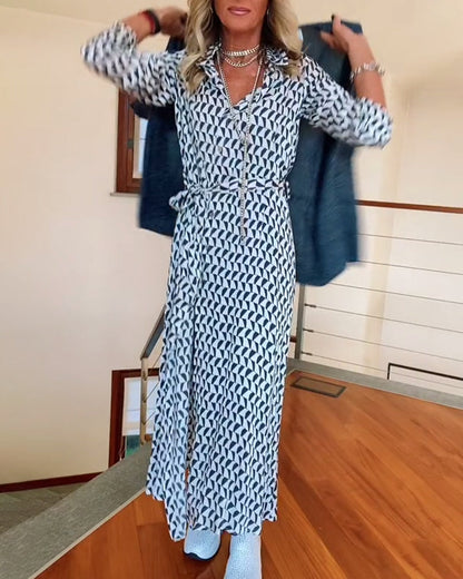 Geometric print lapel slit dress