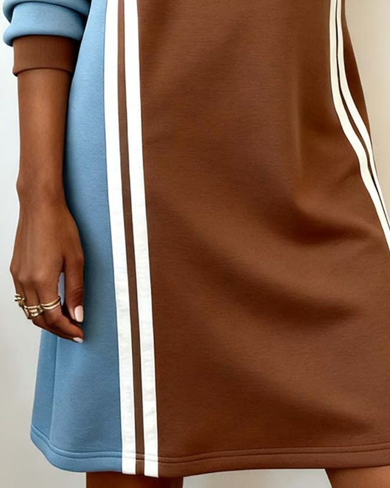 Long-Sleeved Color Block Round Neck Straight Dress