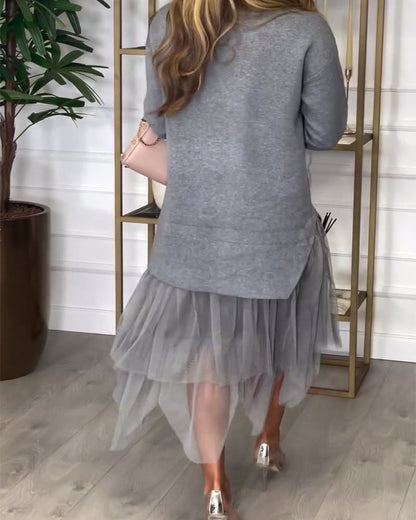 Long-Sleeved High-Neck Patchwork Dress