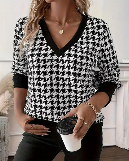 V-Neck Houndstooth Sweatshirt