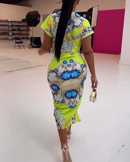 Deep V slit waist printed dress