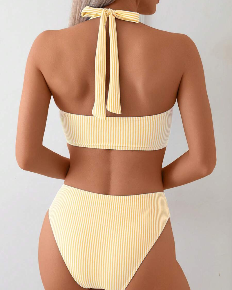 V-Neck Two-Piece Striped Swimsuit