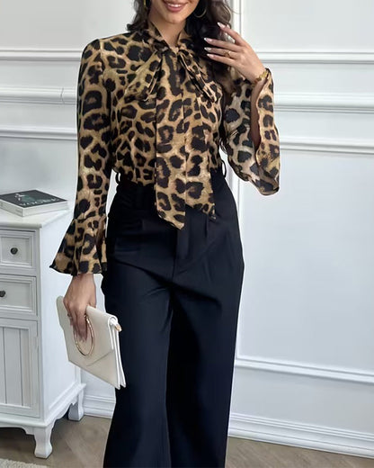 Leopard Print Ribbon Neck Blouse