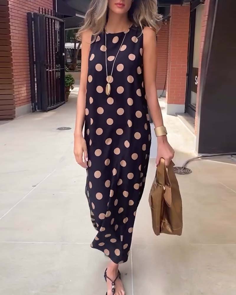 Sleeveless Polka Dot Slit Maxi Dress