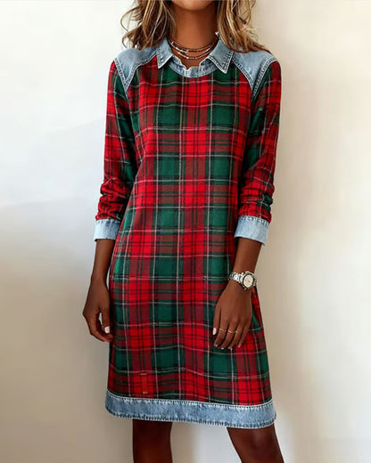 Denim Patchwork Plaid Dress