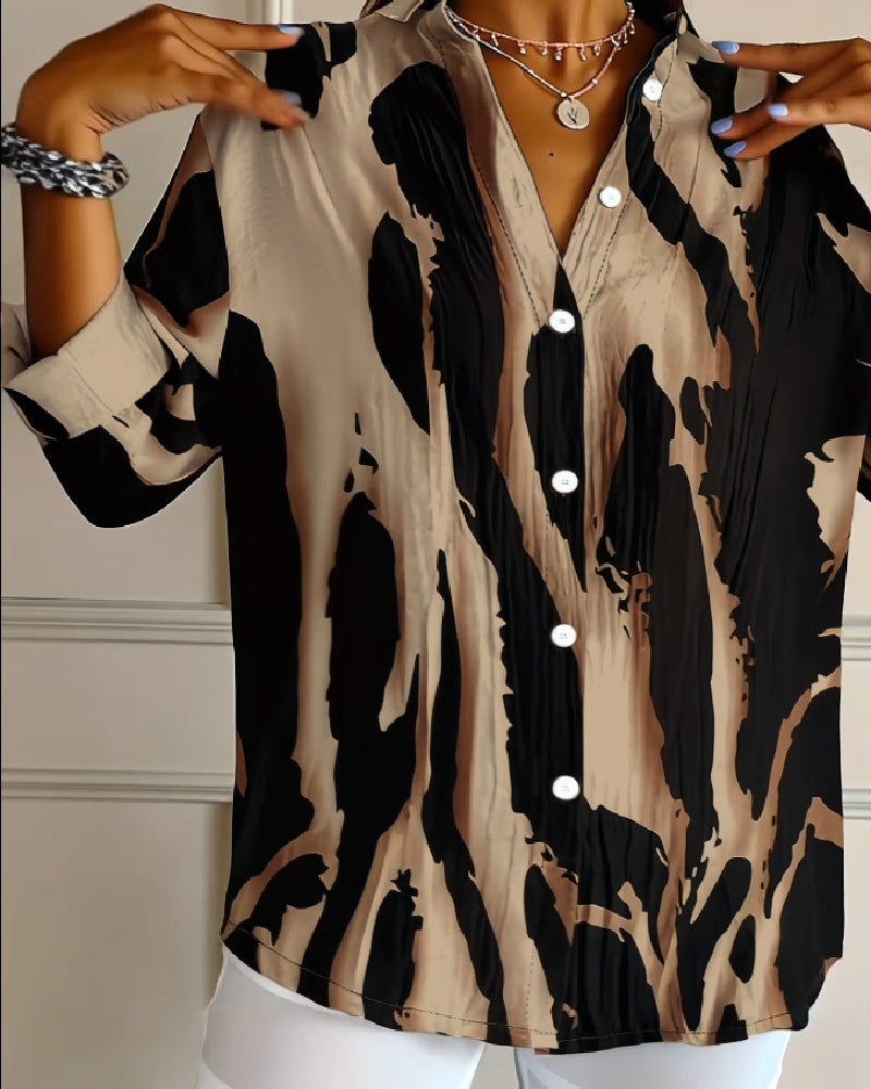 Stand Collar Irregular Printed Blouse