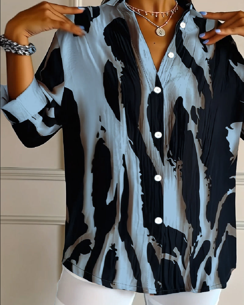 Stand Collar Irregular Printed Blouse