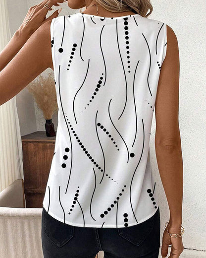 V-Neck Sleeveless Pleated Printed Vest