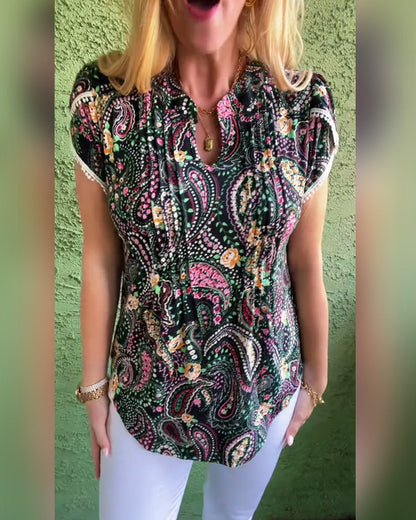 Petal Sleeve Pleated Print Blouse