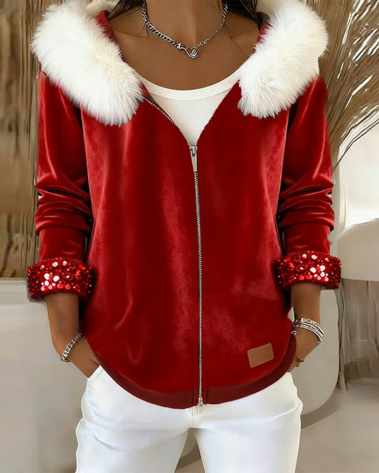 Hooded Fur Collar Velvet Coat