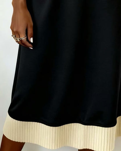 Long-Sleeved V-Neck Contrast Knit Dress