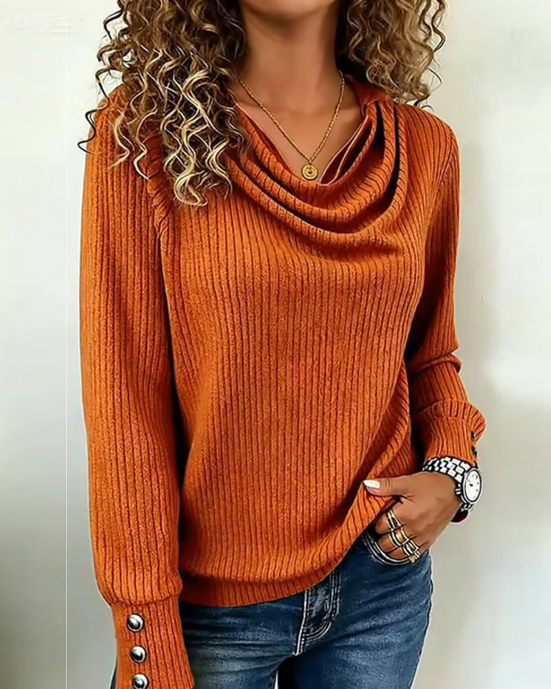 Solid Color Draped Neck Knitted T-Shirt