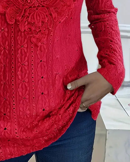 Lace Trim Hollow Long Sleeve Top