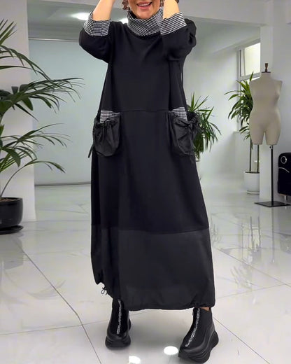 Casual plaid patchwork high collar pocket dress