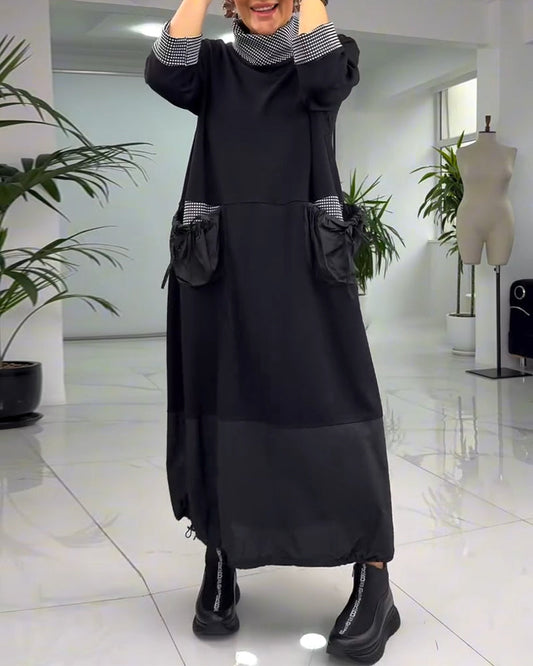 Casual plaid patchwork high collar pocket dress