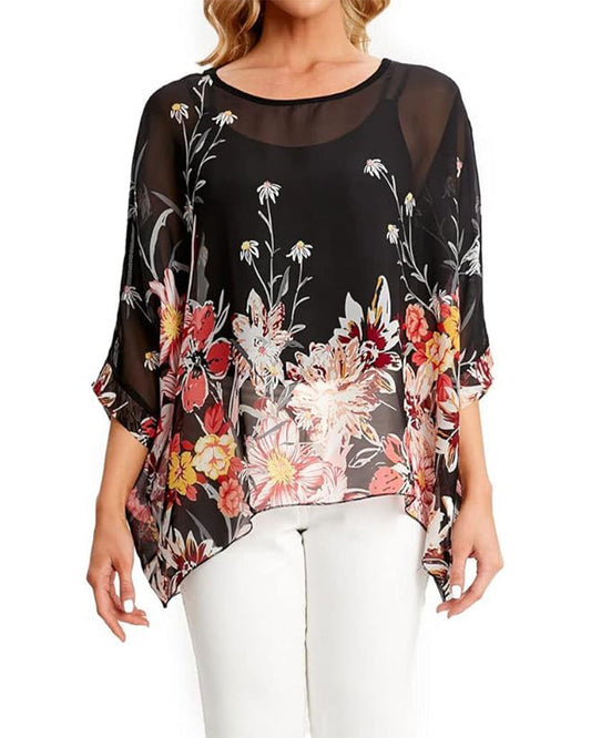 Three-Quarter Sleeve Loose Printed Irregular Blouse