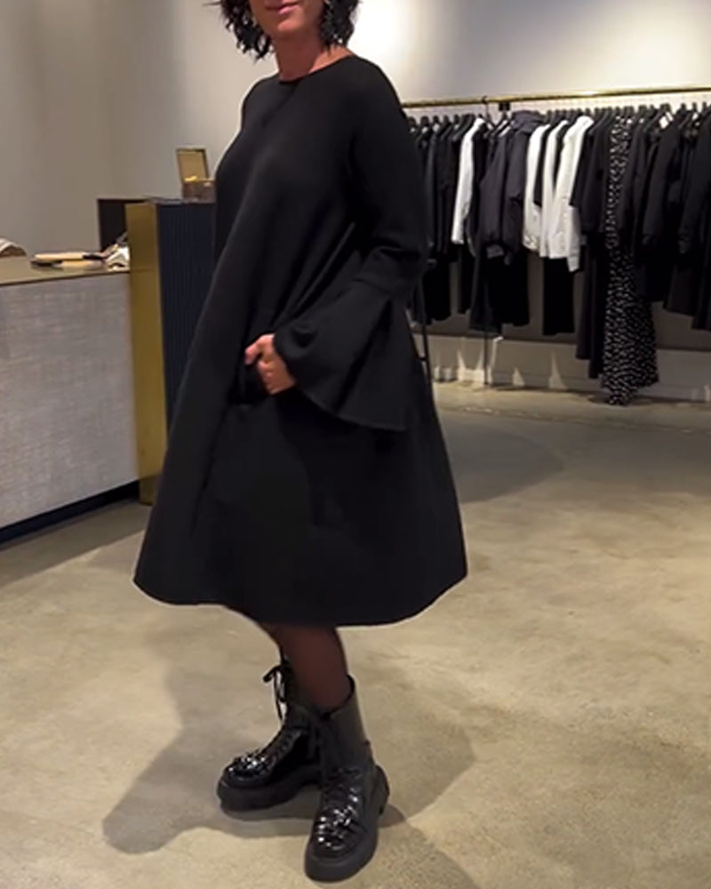 Solid Flare Sleeve Shirred Dress