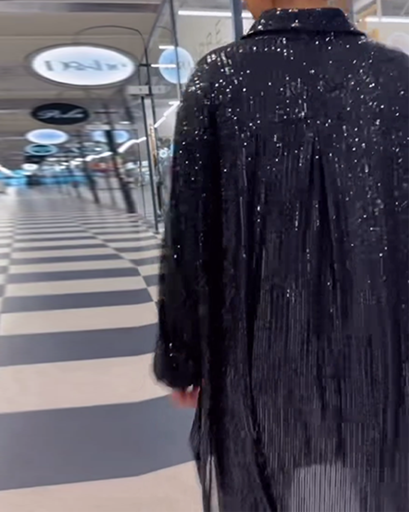 Sequined lapel slit casual shirt