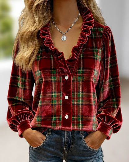 Ruffled V-Neck Velvet Top