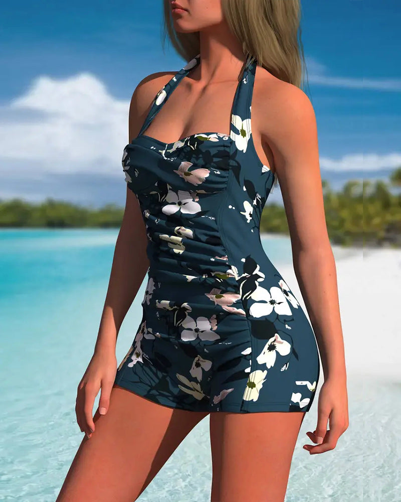 Halter One-Piece Pleated Boxer Swimsuit
