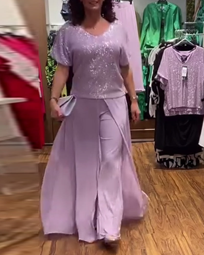 V-neck short-sleeved loose sequined blouse