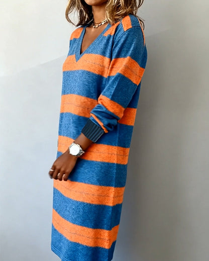 V-Neck Colorful Striped Knitted Dress