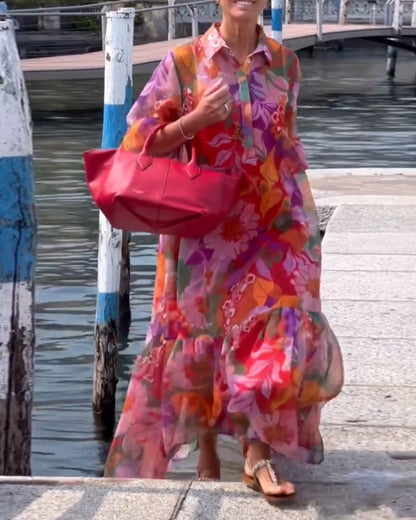 Colorful Printed Lantern Sleeve Loose Dress