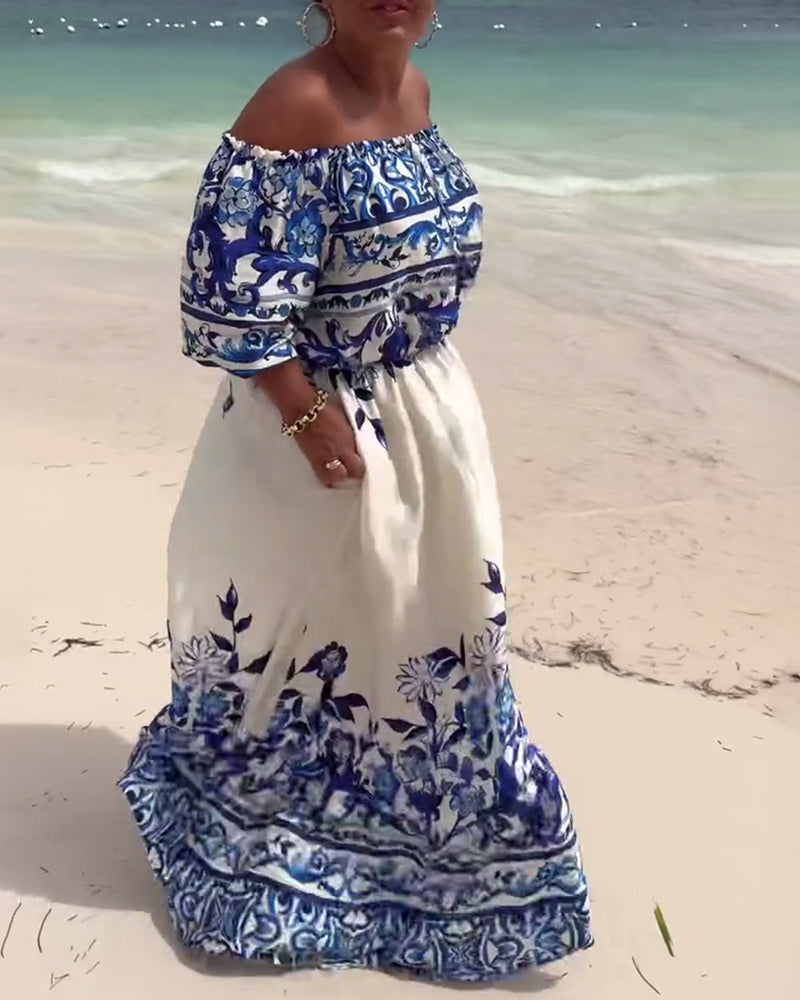 Off-Shoulder Printed Resort Dress