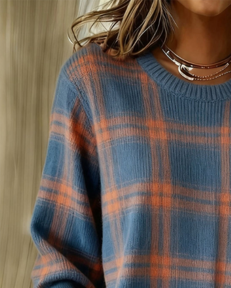 Long Sleeve Plaid Round Neck Jumper