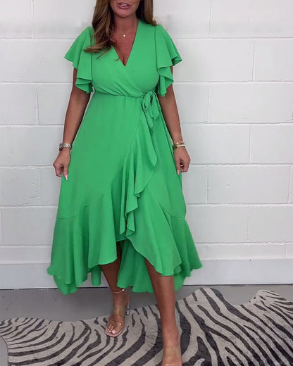 Ruffled solid color slit elegant dress