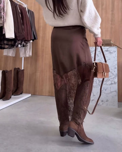 Elegant Satin Lace Patchwork Skirt