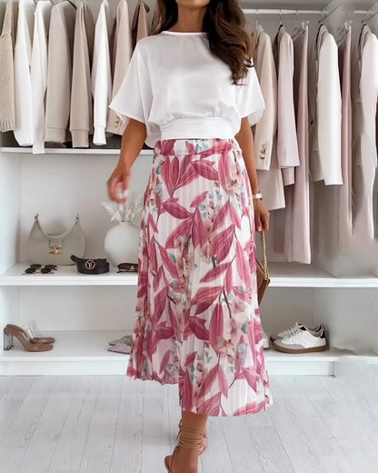 Solid Color Waist Tie Short Sleeve Blouse