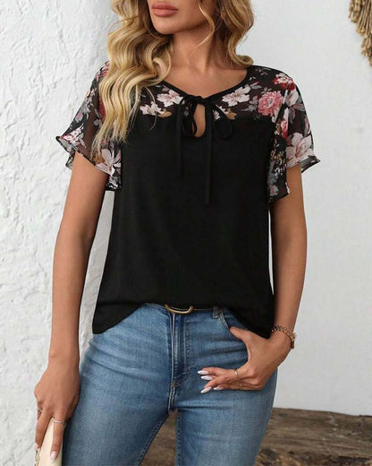 Short-Sleeved Lace-Up Printed Blouse