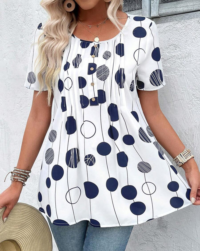 Round Neck Short Sleeve Printed Blouse