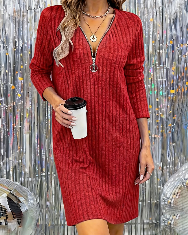 Zippered Brushed Ribbed Dress