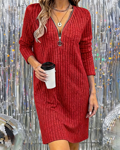 Zippered Brushed Ribbed Dress