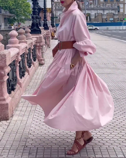 Solid color lapel wide swing dress