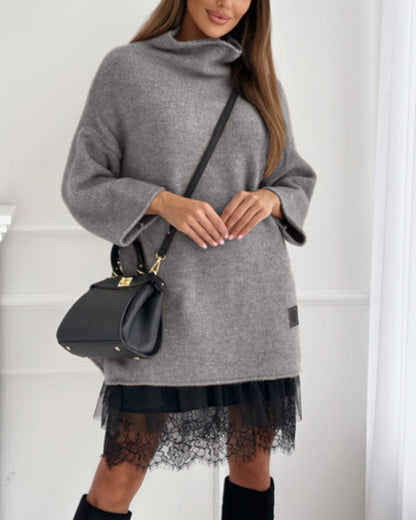 Casual solid color high collar pullover mesh dress set