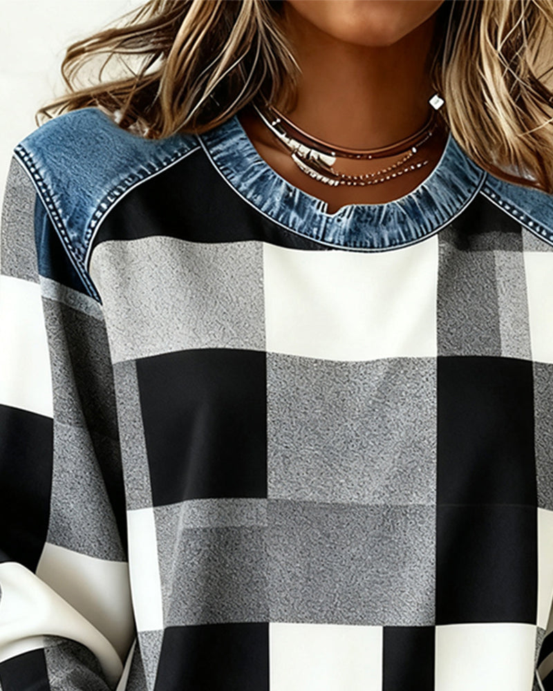 Plaid Patchwork Contrast Color Sweatshirt
