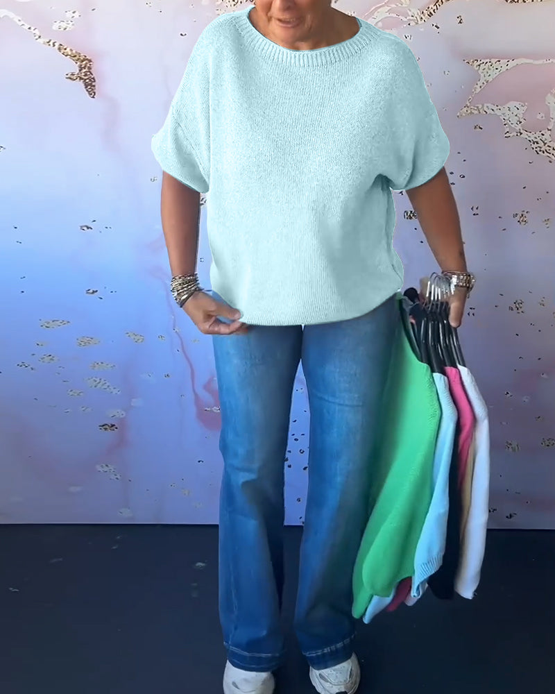 Casual loose solid color round neck pullover