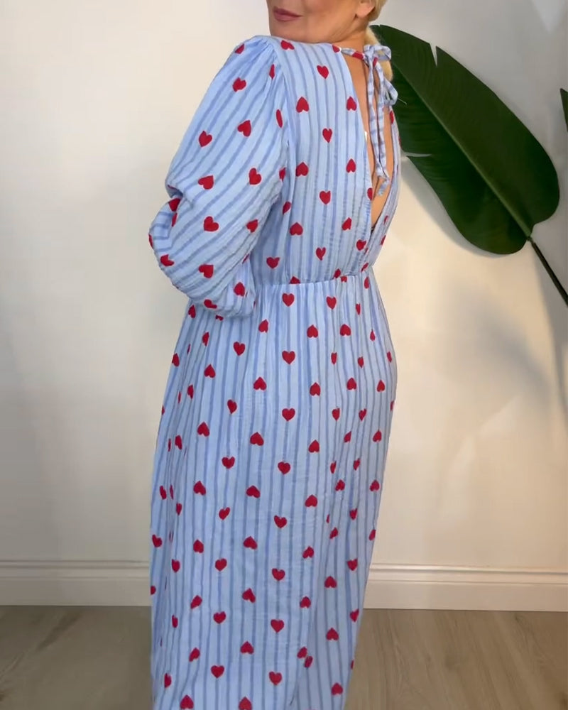 Elegant V-Neck Heart Print Dress
