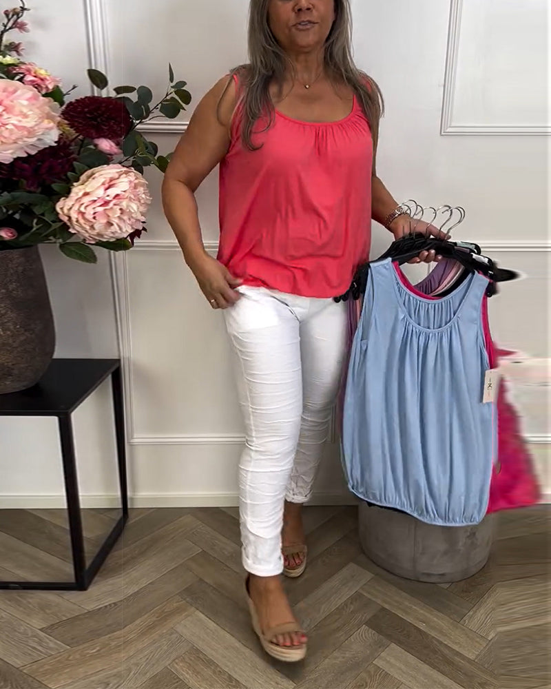 Sleeveless Solid Color Pleated Tank Top