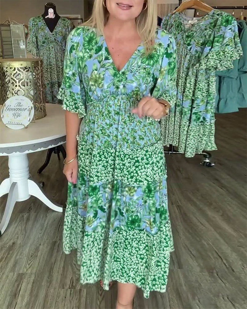 V-Neck Lotus Sleeve Floral Dress