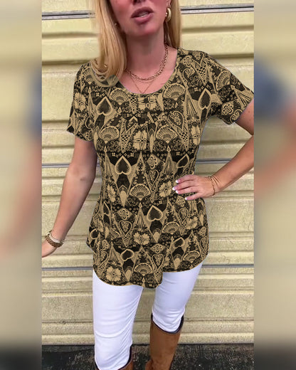 Casual Retro Crew Neck Printed T-Shirt